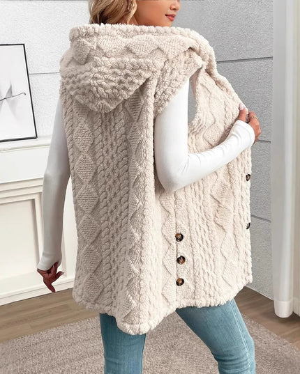 Person wearing a beige knitted vest with buttons indoors.