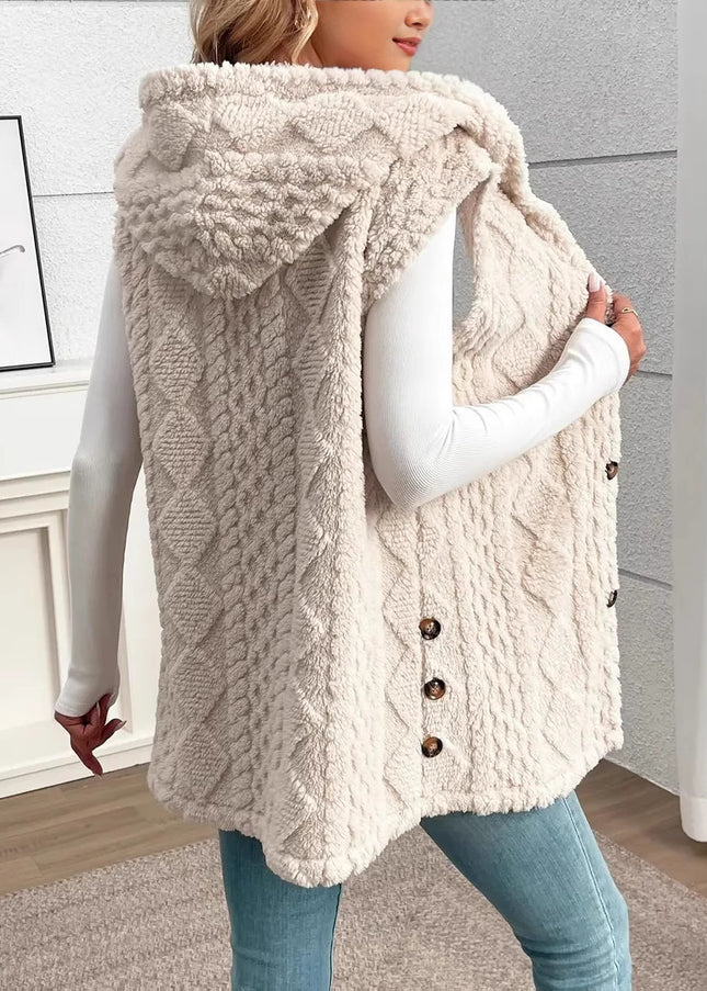 Person wearing a beige knitted vest with buttons indoors.