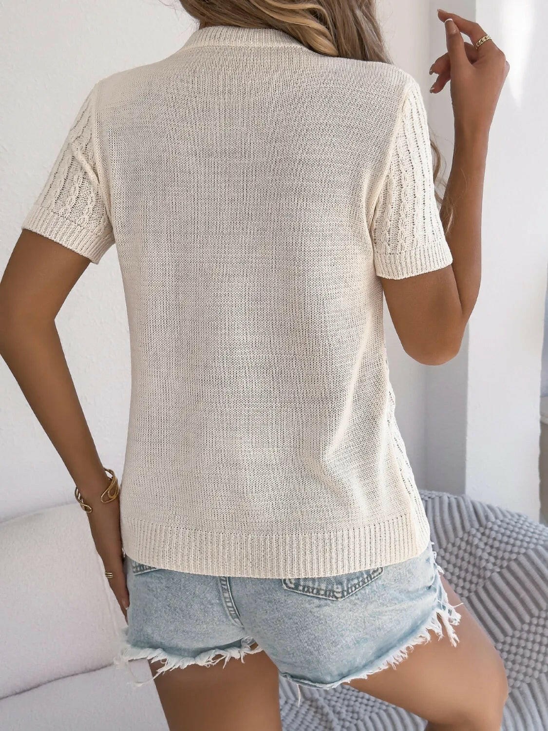 Cable Knit Button Down Short Sleeve Cardigan.
