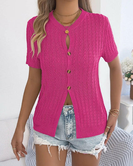 Cable Knit Button Down Short Sleeve Cardigan.