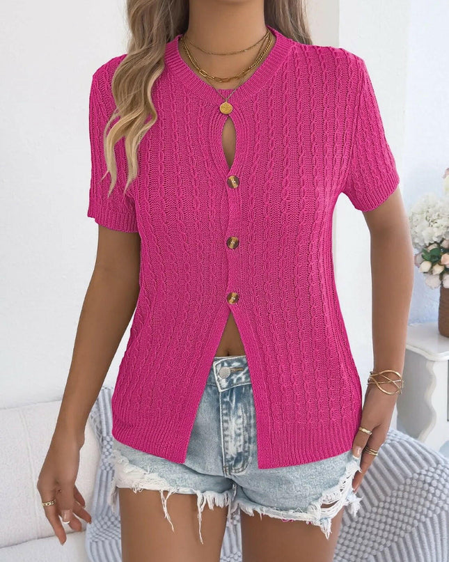 Cable Knit Button Down Short Sleeve Cardigan.