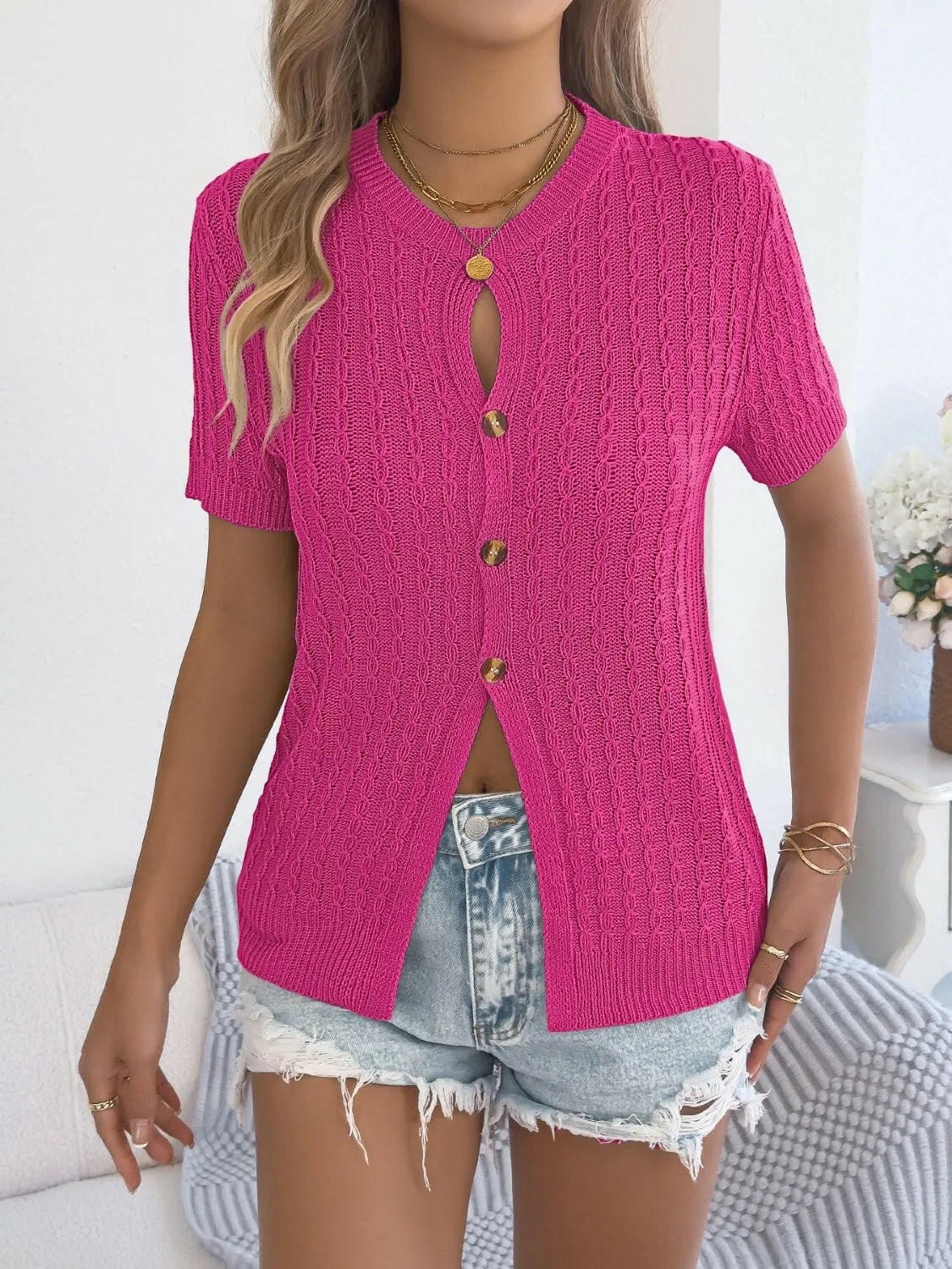 Cable Knit Button Down Short Sleeve Cardigan.