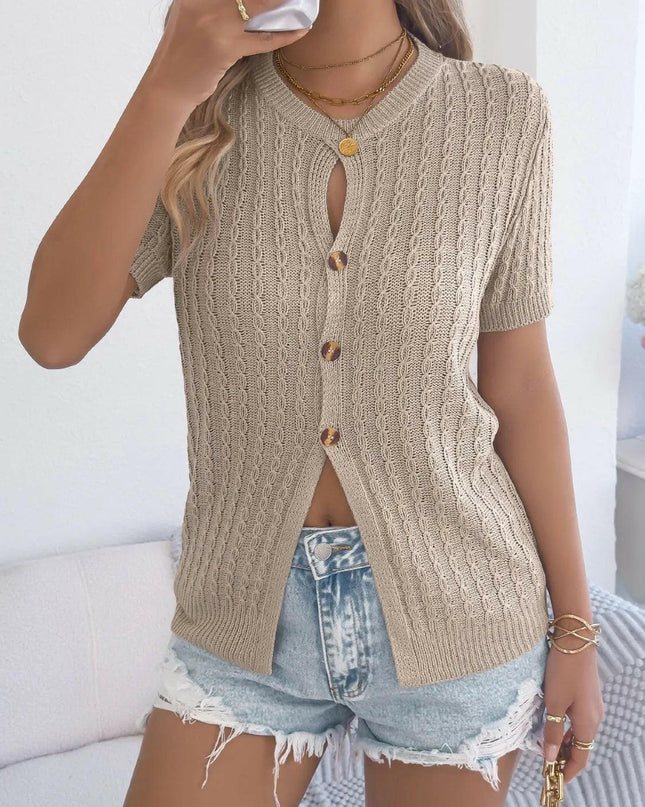Cable Knit Button Down Short Sleeve Cardigan.