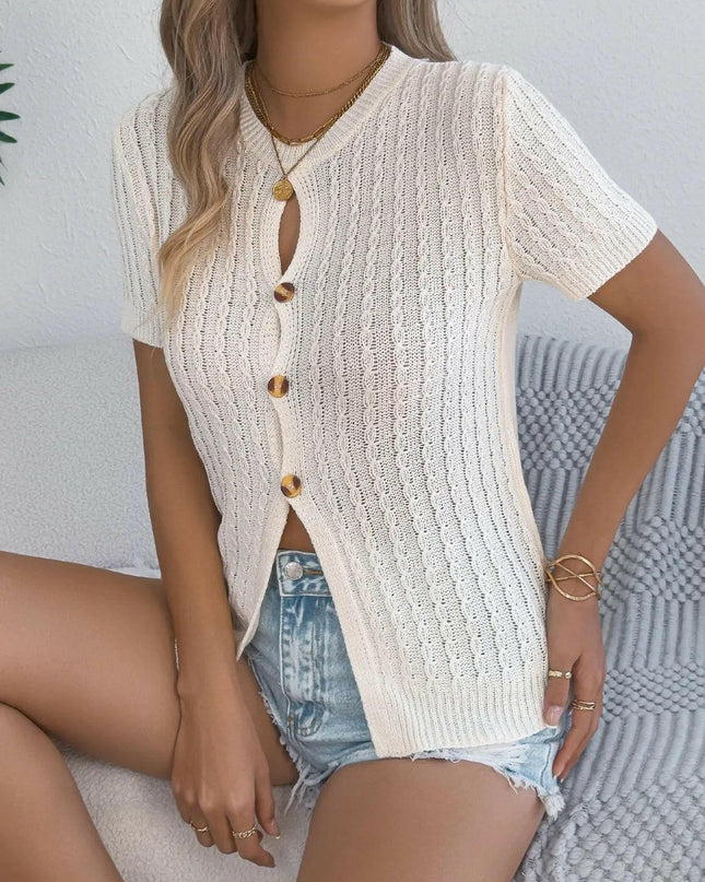 Cable Knit Button Down Short Sleeve Cardigan.