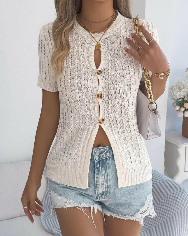 Cable Knit Button Down Short Sleeve Cardigan.