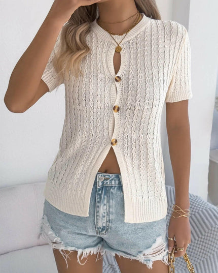 Cable Knit Button Down Short Sleeve Cardigan.