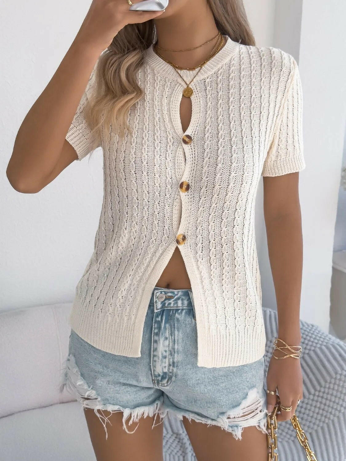 Cable Knit Button Down Short Sleeve Cardigan.