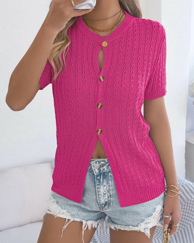 Cable Knit Button Down Short Sleeve Cardigan.