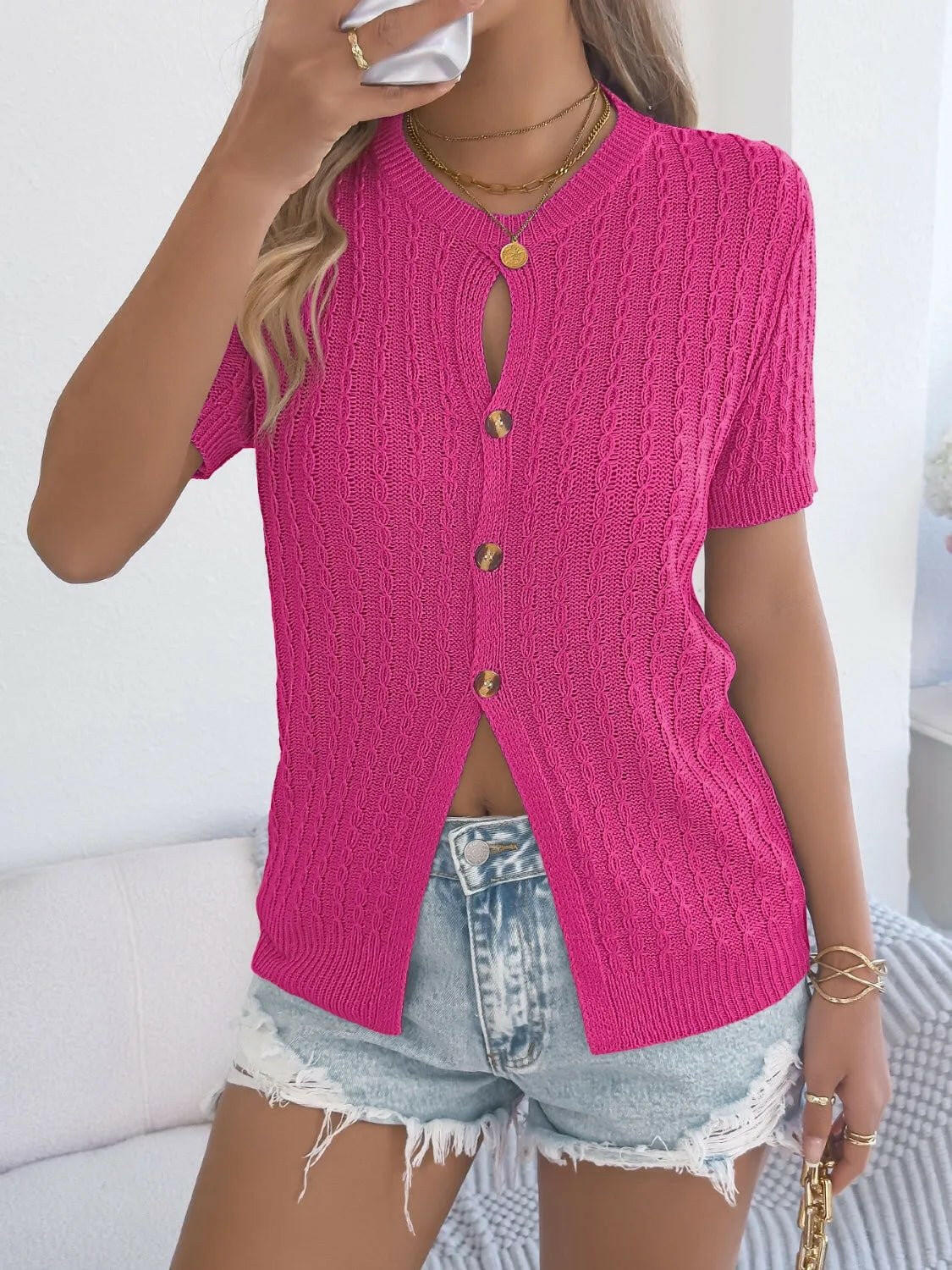 Cable Knit Button Down Short Sleeve Cardigan.