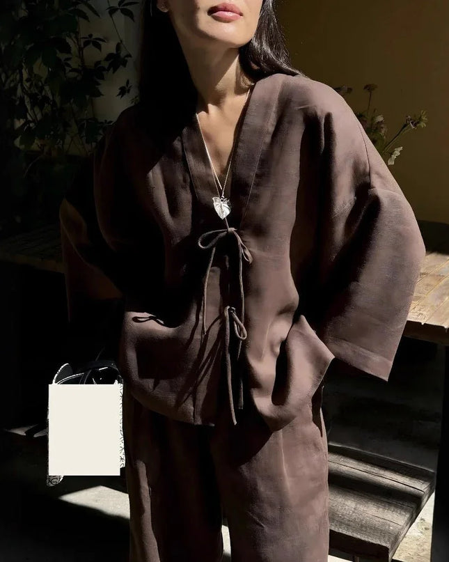 Casual Pure Cotton Tied Top Wide Leg Pants Suit.