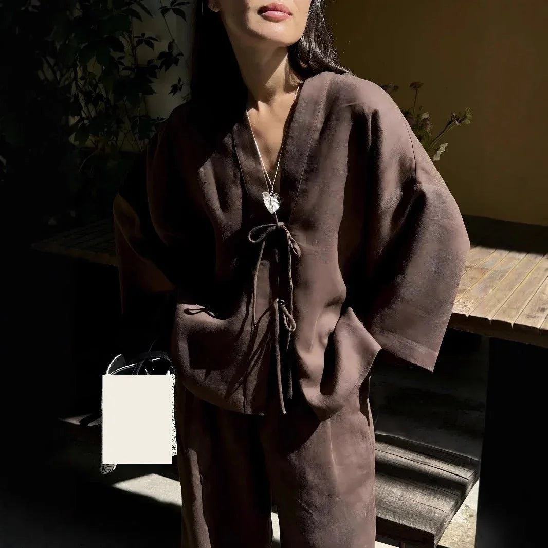 Casual Pure Cotton Tied Top Wide Leg Pants Suit.