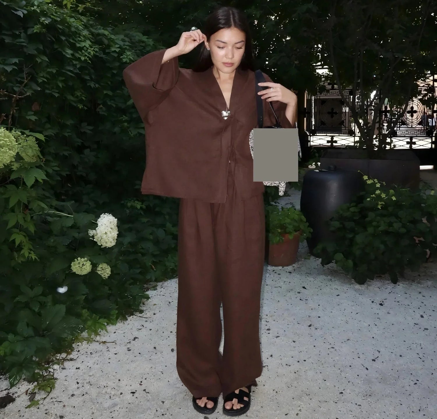 Casual Pure Cotton Tied Top Wide Leg Pants Suit.