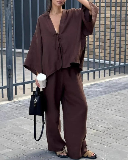 Casual Pure Cotton Tied Top Wide Leg Pants Suit.