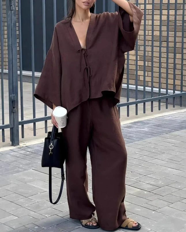Casual Pure Cotton Tied Top Wide Leg Pants Suit.