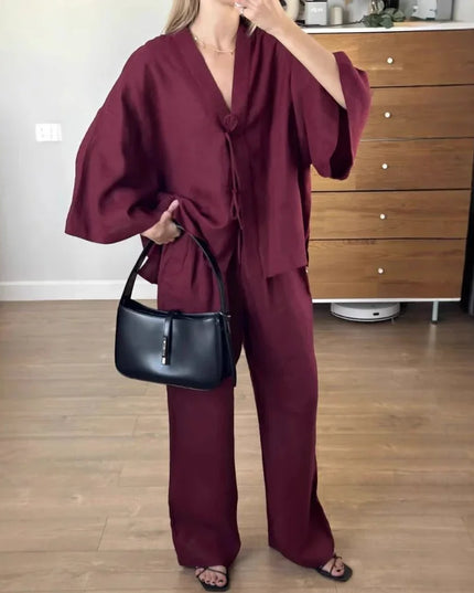 Casual Pure Cotton Tied Top Wide Leg Pants Suit.
