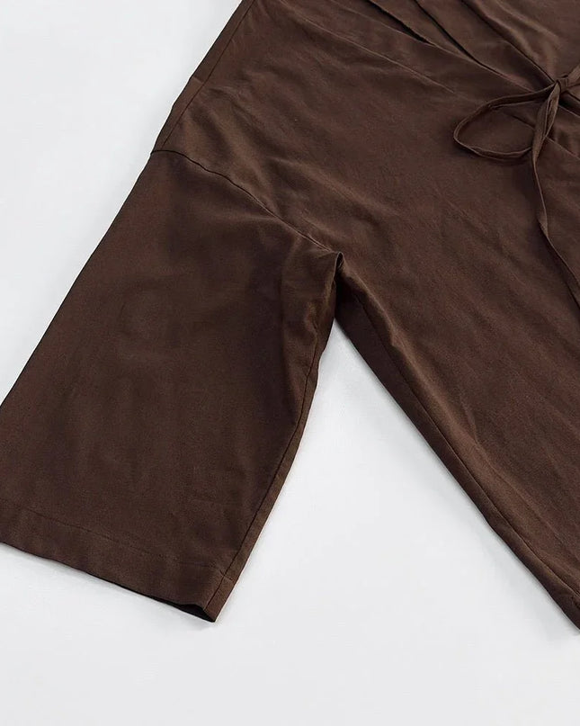 Casual Pure Cotton Tied Top Wide Leg Pants Suit.