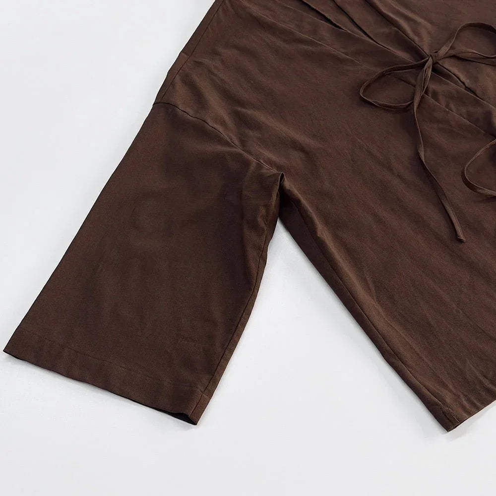 Casual Pure Cotton Tied Top Wide Leg Pants Suit.