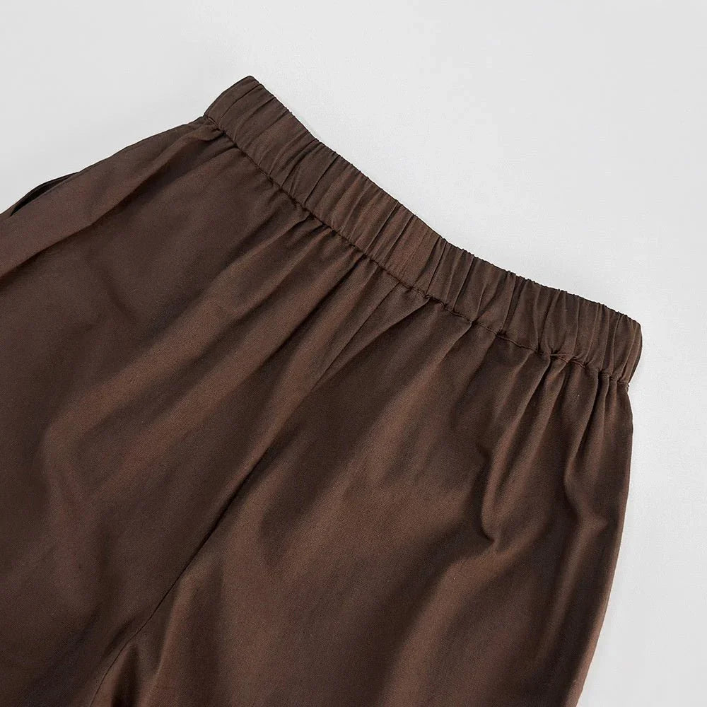 Casual Pure Cotton Tied Top Wide Leg Pants Suit.