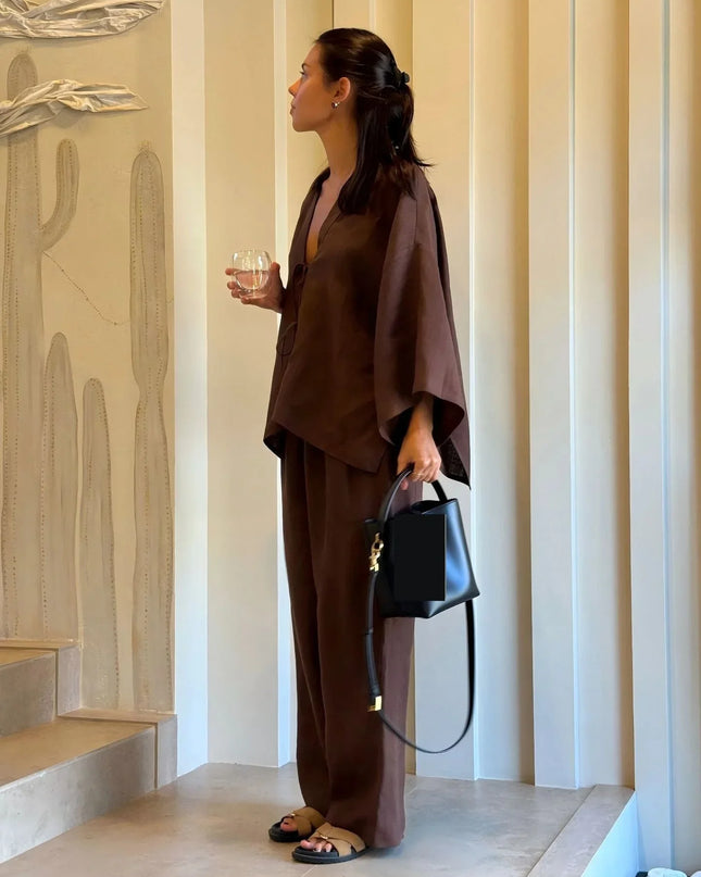 Casual Pure Cotton Tied Top Wide Leg Pants Suit.