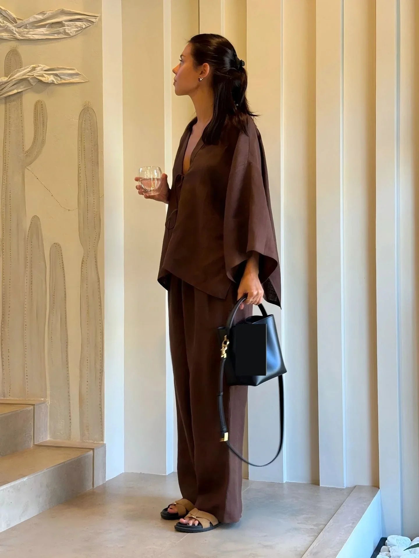 Casual Pure Cotton Tied Top Wide Leg Pants Suit.