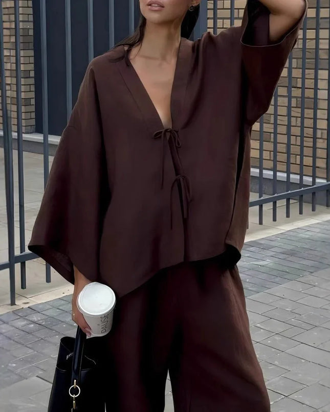 Casual Pure Cotton Tied Top Wide Leg Pants Suit.