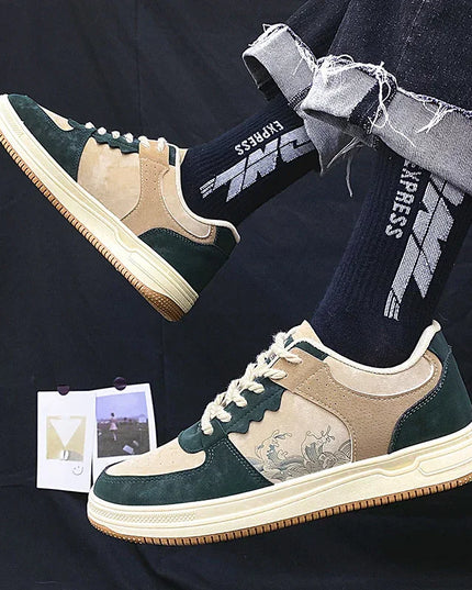 Green and beige sneakers with a person wearing black socks with 'Express' branding on a dark background.