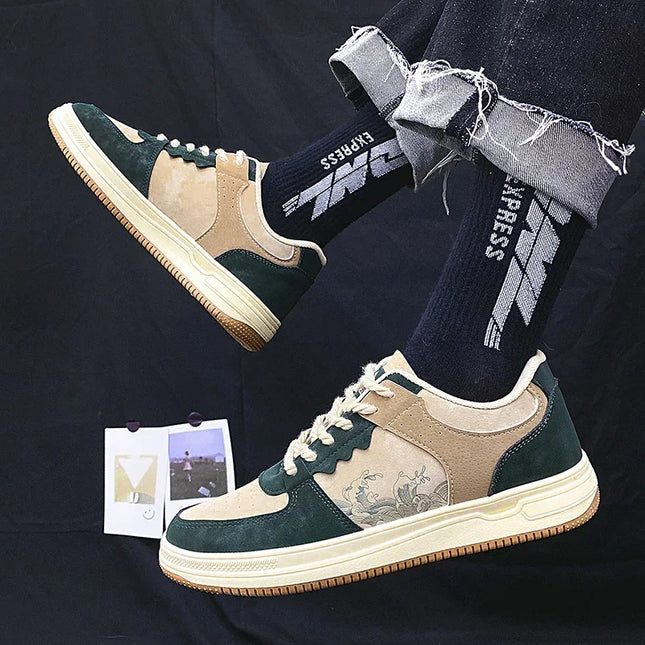 Green and beige sneakers with a person wearing black socks with 'Express' branding on a dark background.