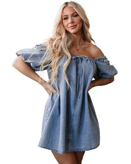 Chic Pleated Denim Lace-Up Skirt Dress.