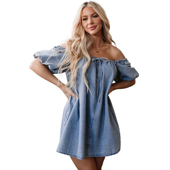 Chic Pleated Denim Lace-Up Skirt Dress.
