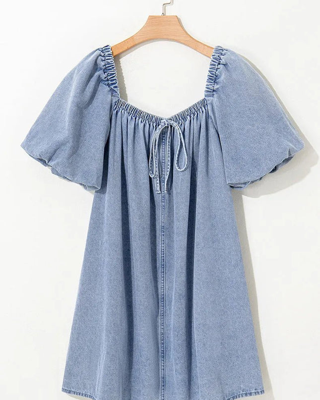 Chic Pleated Denim Lace-Up Skirt Dress.