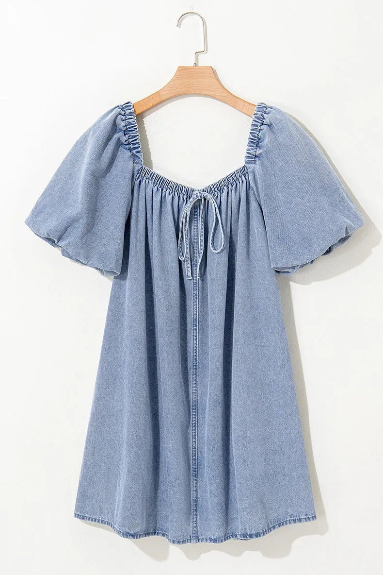 Chic Pleated Denim Lace-Up Skirt Dress.