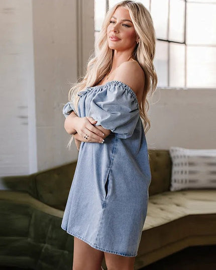 Chic Pleated Denim Lace-Up Skirt Dress.