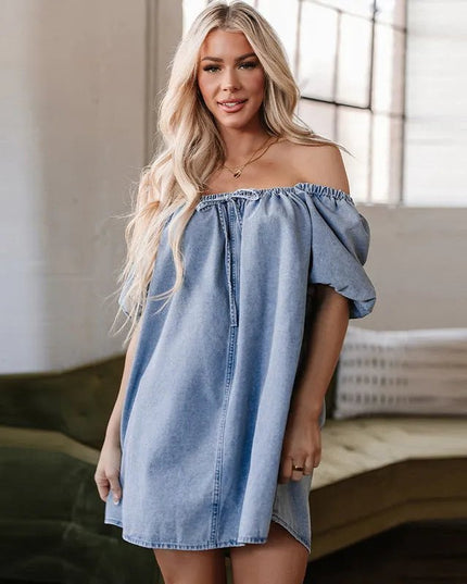 Chic Pleated Denim Lace-Up Skirt Dress.