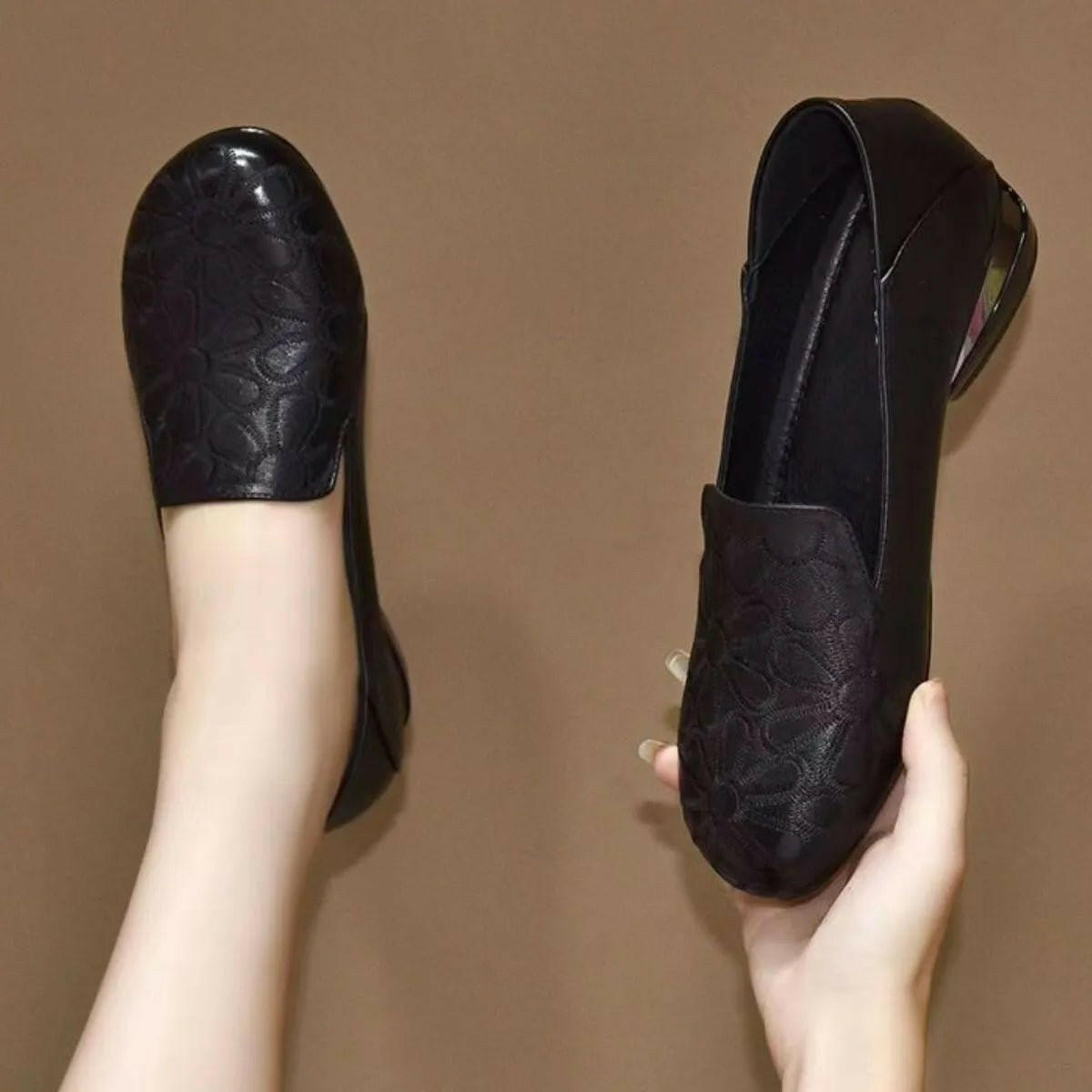 Chic Round Toe Block Heel Loafers.