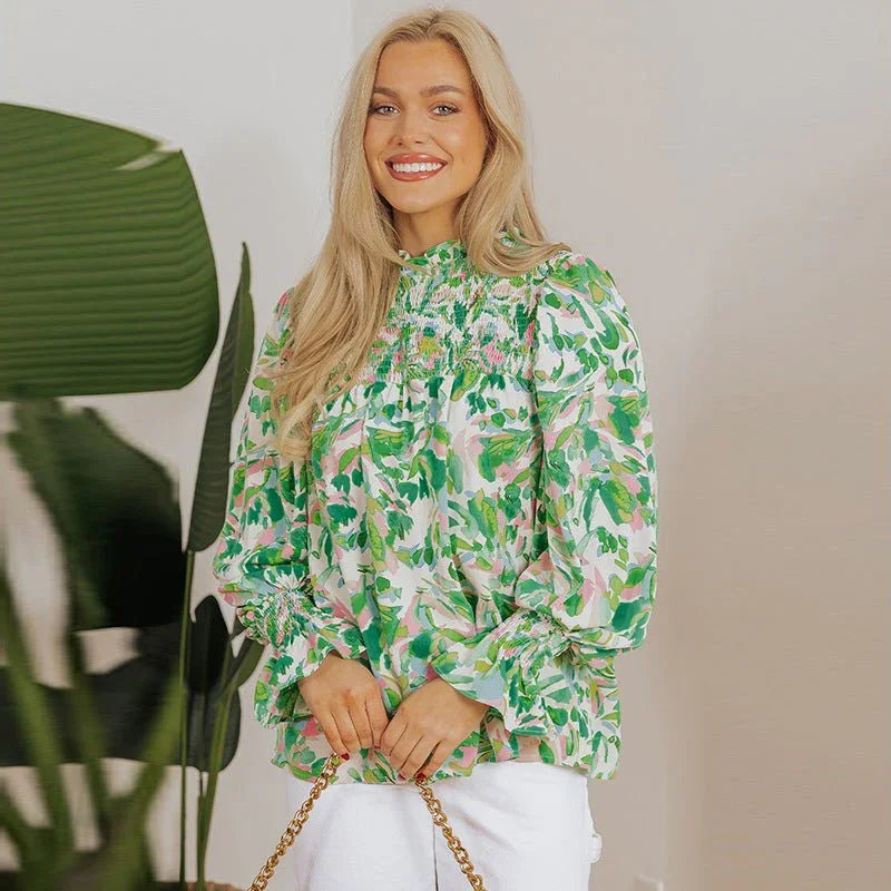 Color Matching Printed Turtleneck Chiffon Shirt.
