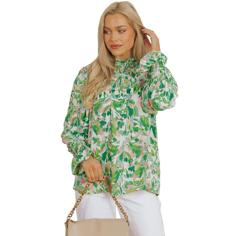 Color Matching Printed Turtleneck Chiffon Shirt.