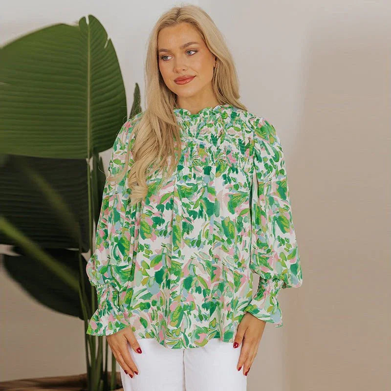 Color Matching Printed Turtleneck Chiffon Shirt.