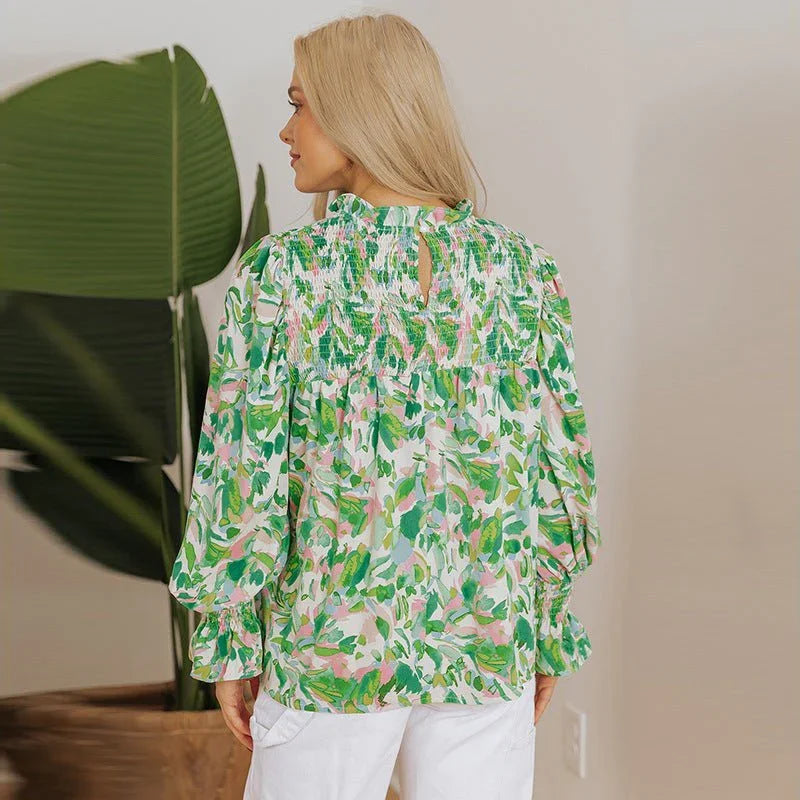 Color Matching Printed Turtleneck Chiffon Shirt.