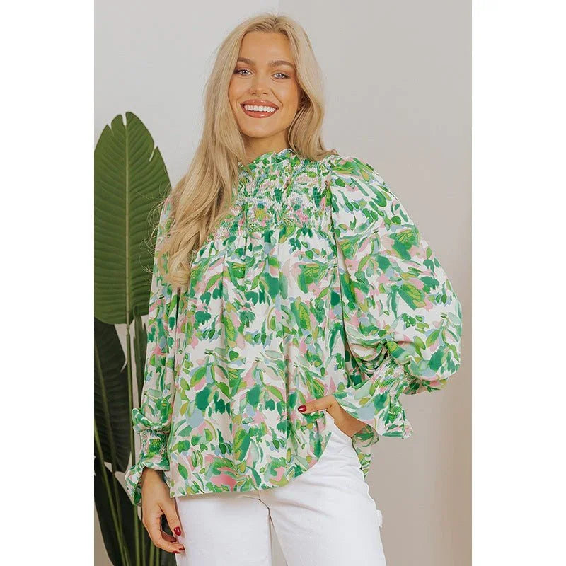 Color Matching Printed Turtleneck Chiffon Shirt.