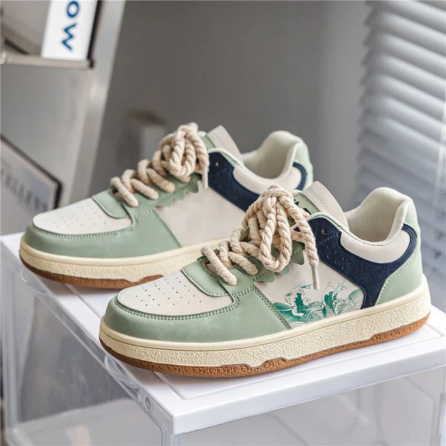 Pair of green and navy sneakers with white laces on a white surface.