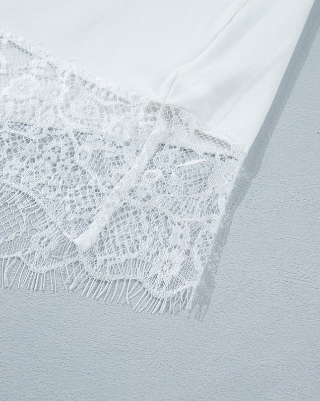 White Lace Trim Floral Tee