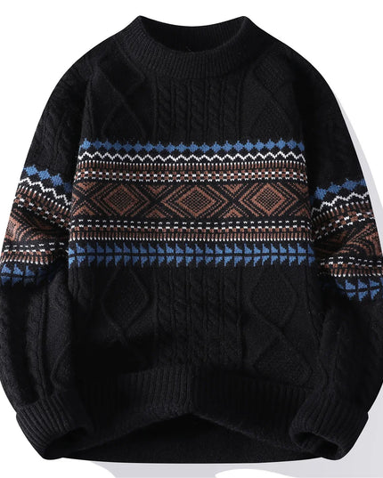 Black sweater with patterned design on a white background