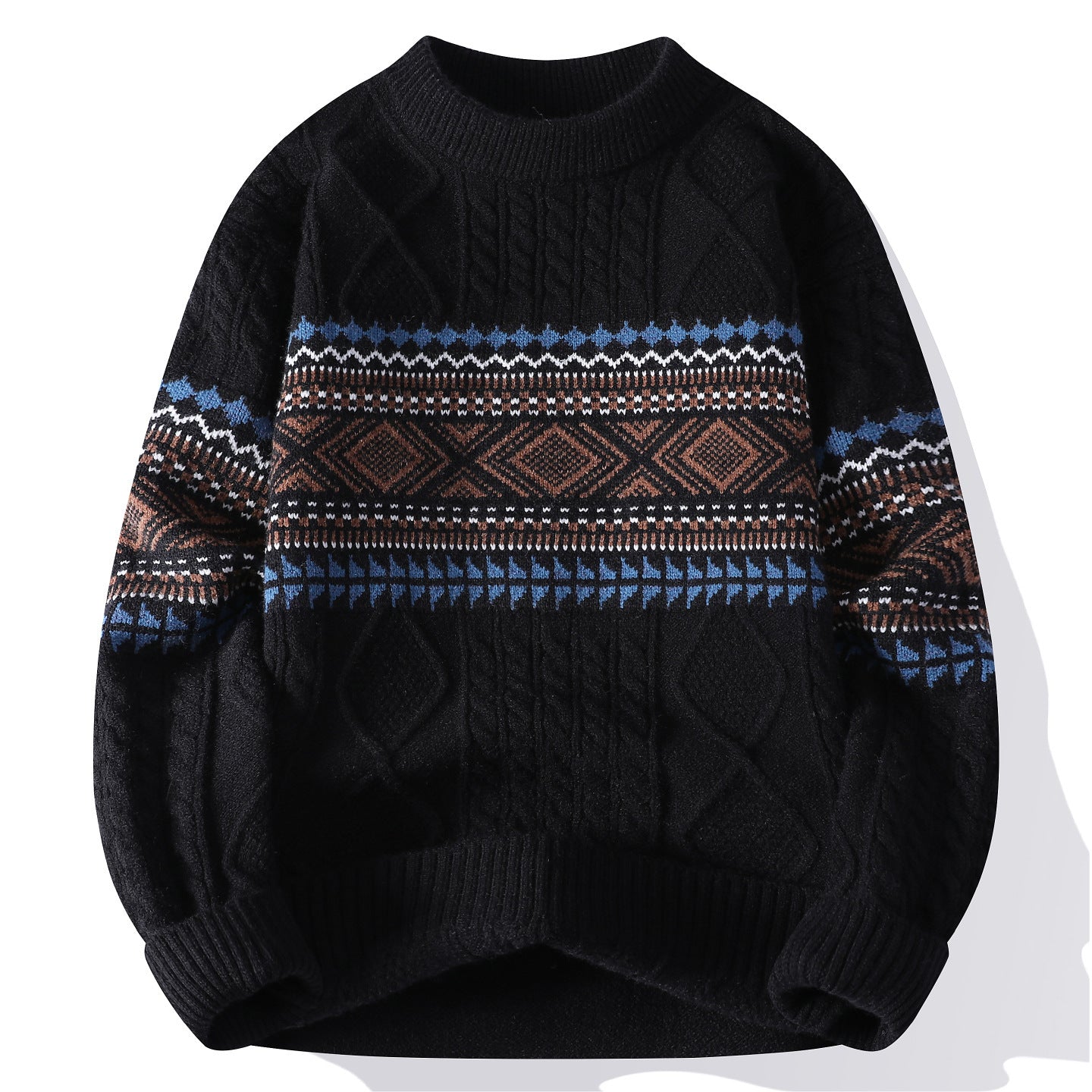 Black sweater with patterned design on a white background