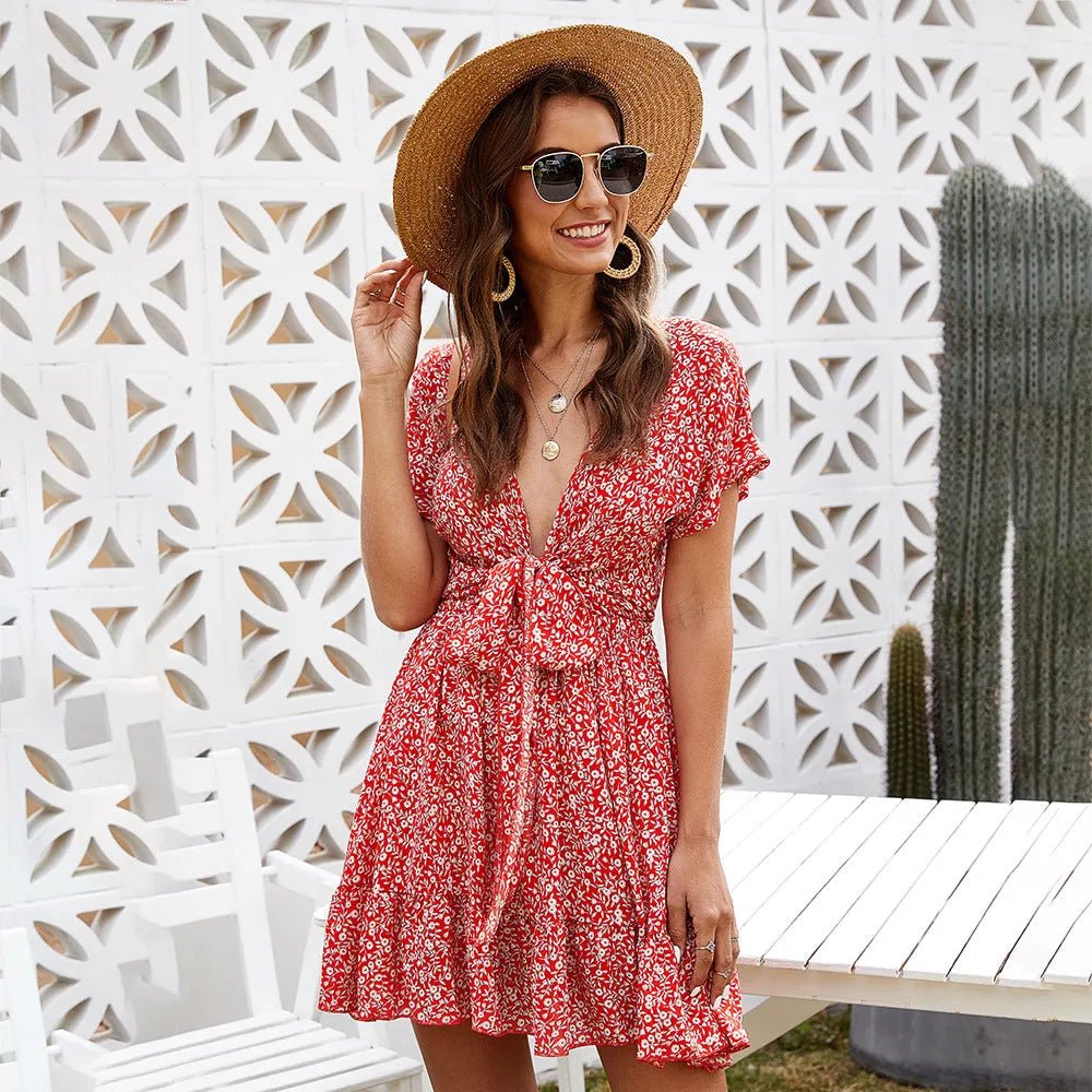 Deep V Ruffled Floral Spring Dress.