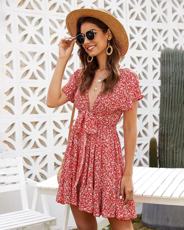 Deep V Ruffled Floral Spring Dress.