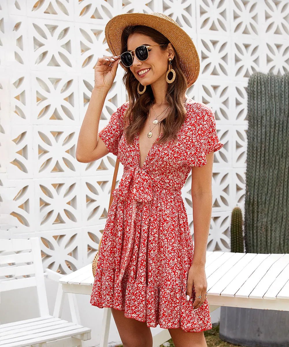 Deep V Ruffled Floral Spring Dress.