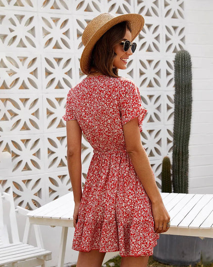 Deep V Ruffled Floral Spring Dress.