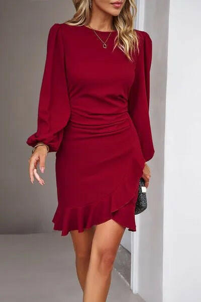 Devine Ruched Ruffled Balloon Sleeve Mini Dress.