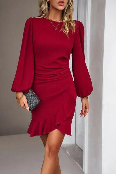 Devine Ruched Ruffled Balloon Sleeve Mini Dress.