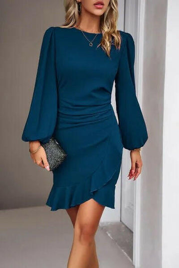 Devine Ruched Ruffled Balloon Sleeve Mini Dress.